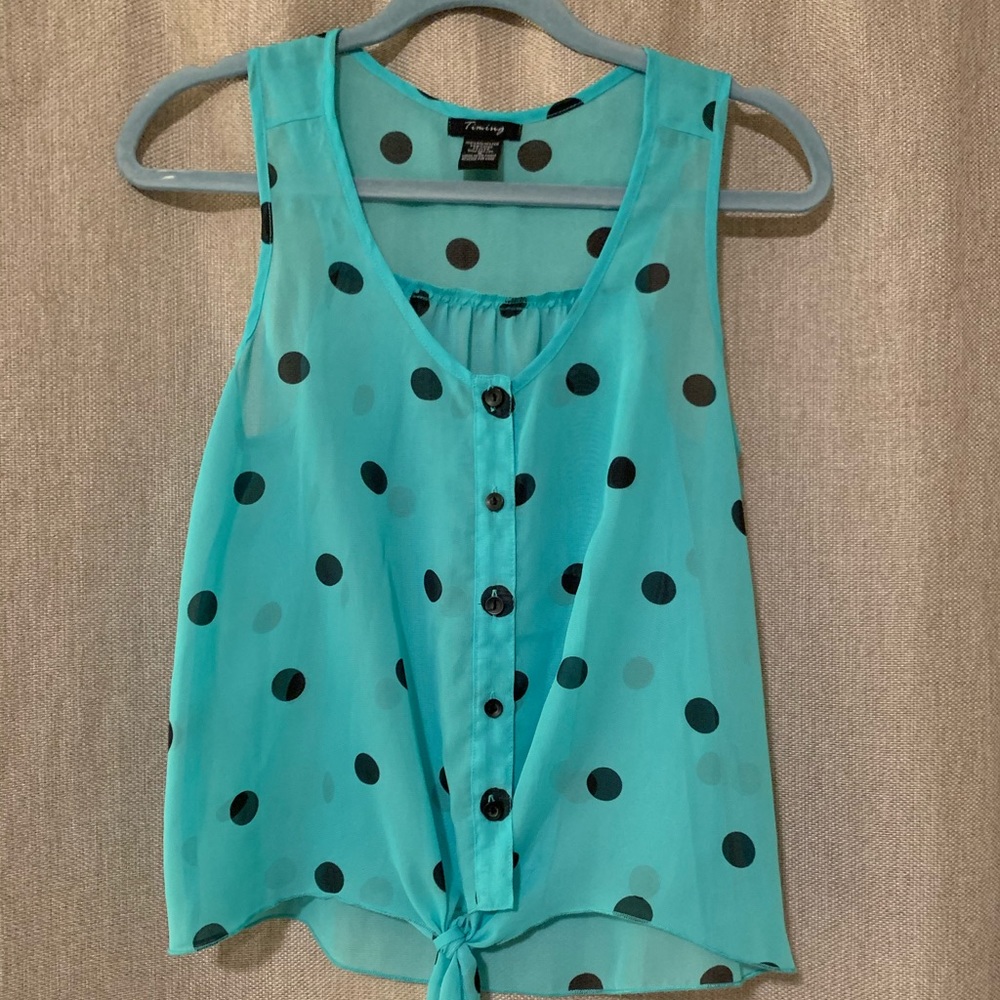 Green and black polka dot tank with tie waist